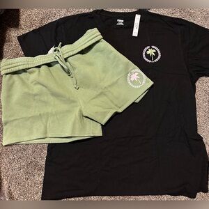 VS PINK Shorts Set Black Tee & Green Shorts w Pink & Green Laurel & Palm Design